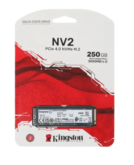 Накопитель SSD M.2 250GB Kingston NV2 (SNV2S/250G) Retail (3000/1300МБ/сек, NVMe PCI-Ex4 4.0, 3D QLC, TBW 80, M.2 2280)
