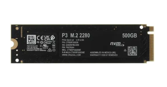 Накопитель SSD M.2 500 GB Crucial P3 (CT500P3SSD8) Retail (3500 МБ/сек, 1900 МБ/сек, PCI-Express 4x rev.3.0 (NVMe 1.3), 3D NAND (QLC), TBW: 110 ТБ, TRIM, M.2 Type 2280 (80x22x2mm)) [ CT500P3SSD8 ]