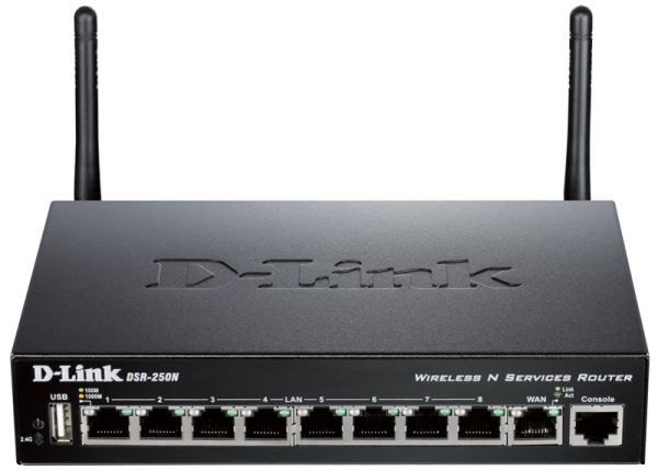 Межсетевой экран D-Link [ DSR-250N ] (1 x 10/100/1000TX WAN, 8 x 10/100/1000TX, WiFi 802.11b/g/n, 2 внешние съемные антенны, 25 VPN туннелей, 20 000 с